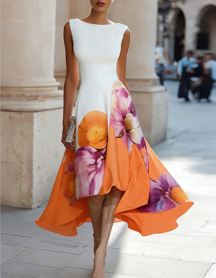 Irregular White Floral Pattern Midi Dress