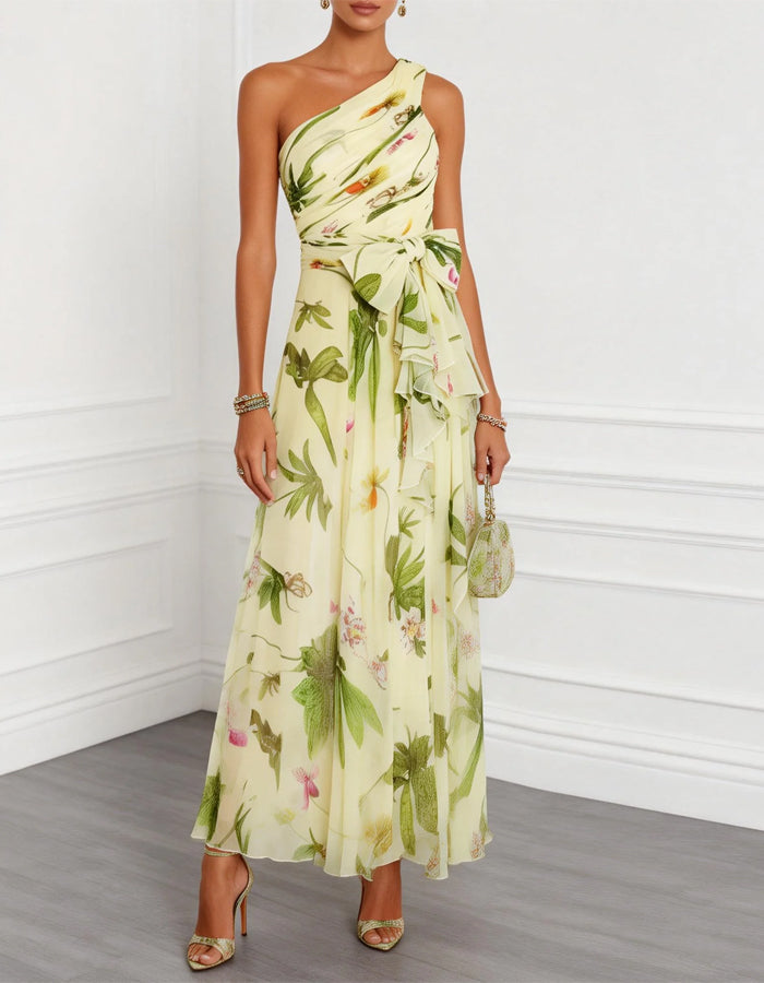 Yellow Based Green Floral Chiffon Shoulder Maxi Dress