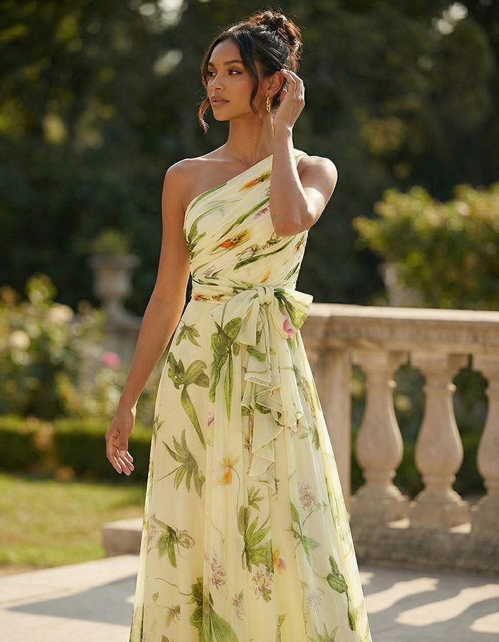 Yellow Based Green Floral Chiffon Shoulder Maxi Dress
