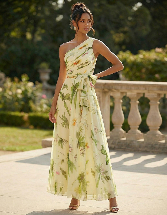 Yellow Based Green Floral Chiffon Shoulder Maxi Dress