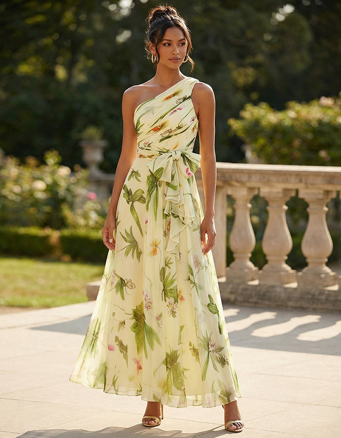 Yellow Based Green Floral Chiffon Shoulder Maxi Dress