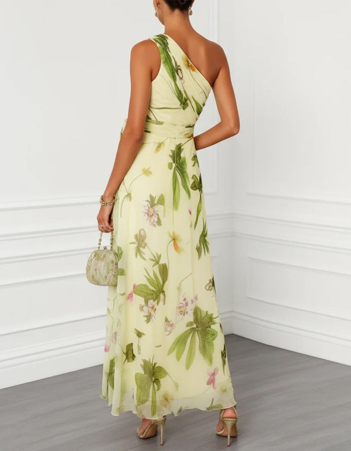 Yellow Based Green Floral Chiffon Shoulder Maxi Dress