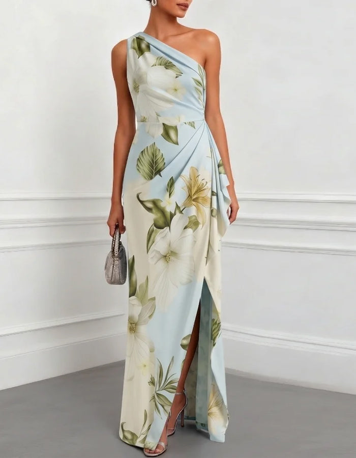 Light Blue And Off White Gradient Floral Single Shoulder Slit Maxi Dress