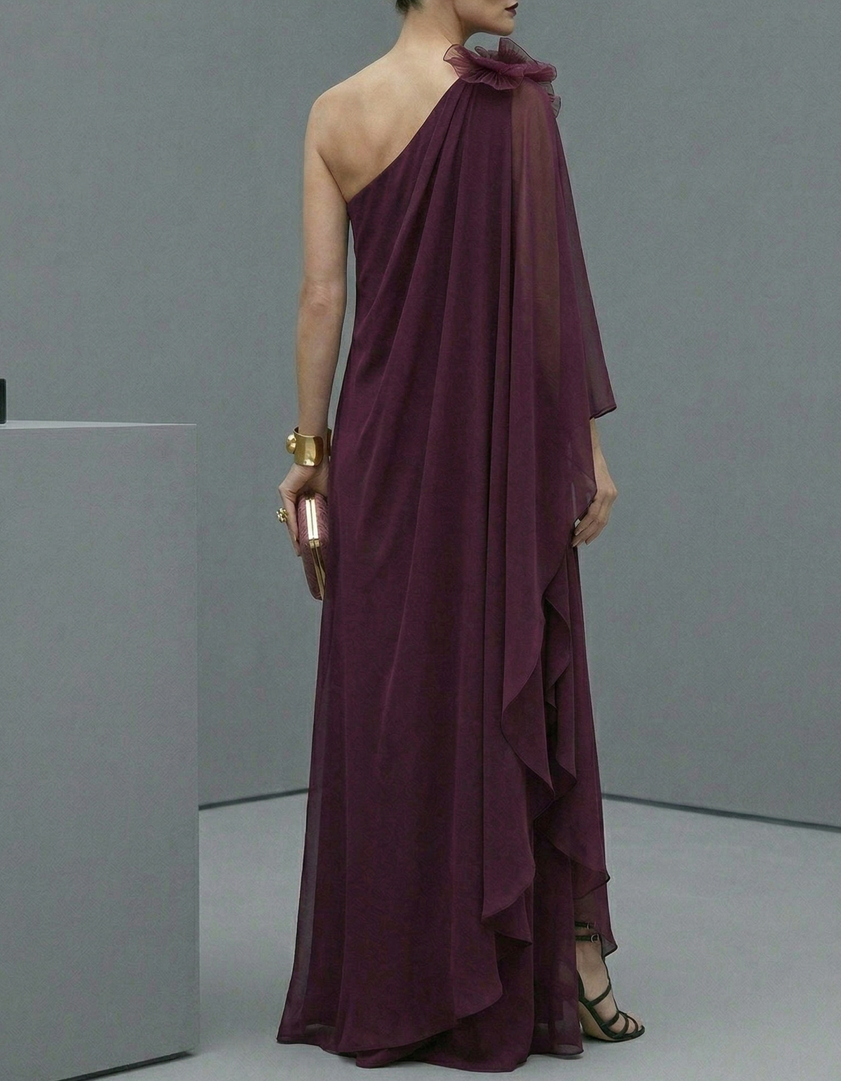 Deep Purple Chiffon Floral One-Shoulder Maxi Dress