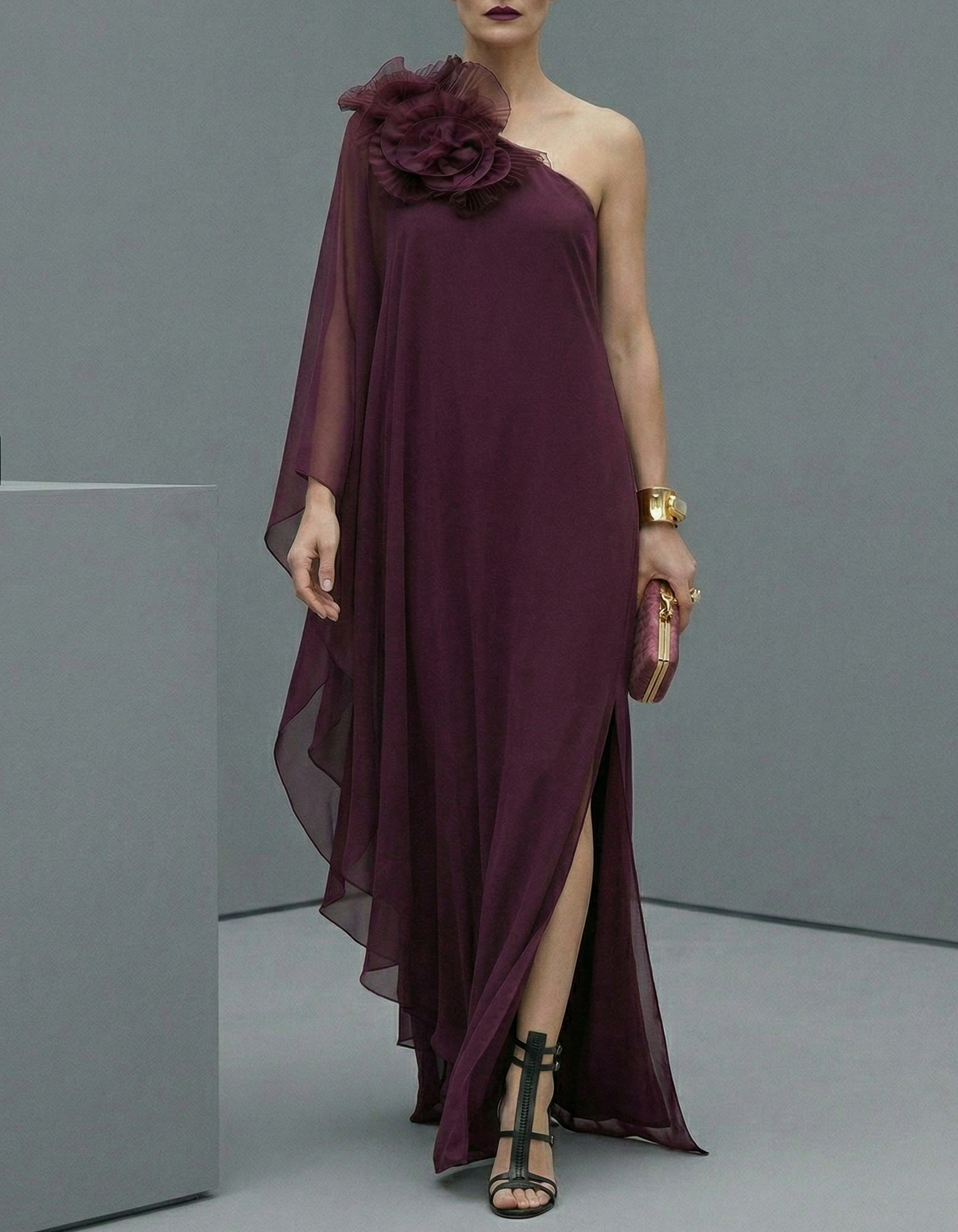 Deep Purple Chiffon Floral One-Shoulder Maxi Dress
