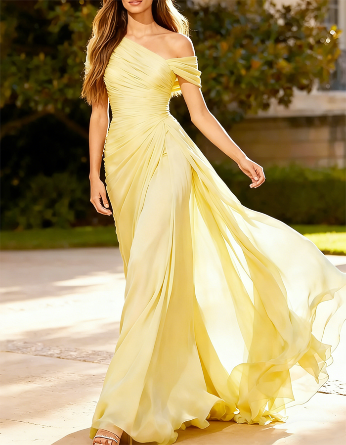 Vestido largo de chifón plisado con un solo hombro