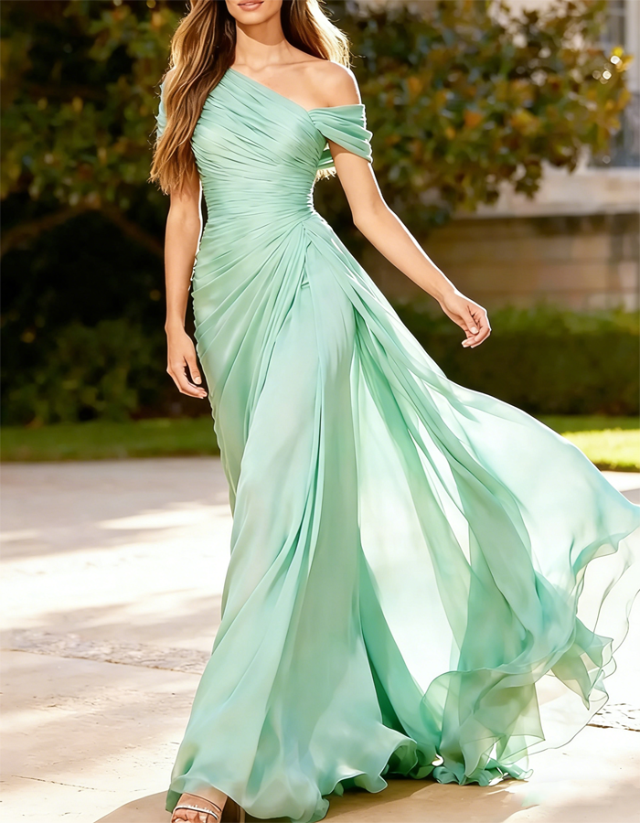 Vestido largo de chifón plisado con un solo hombro