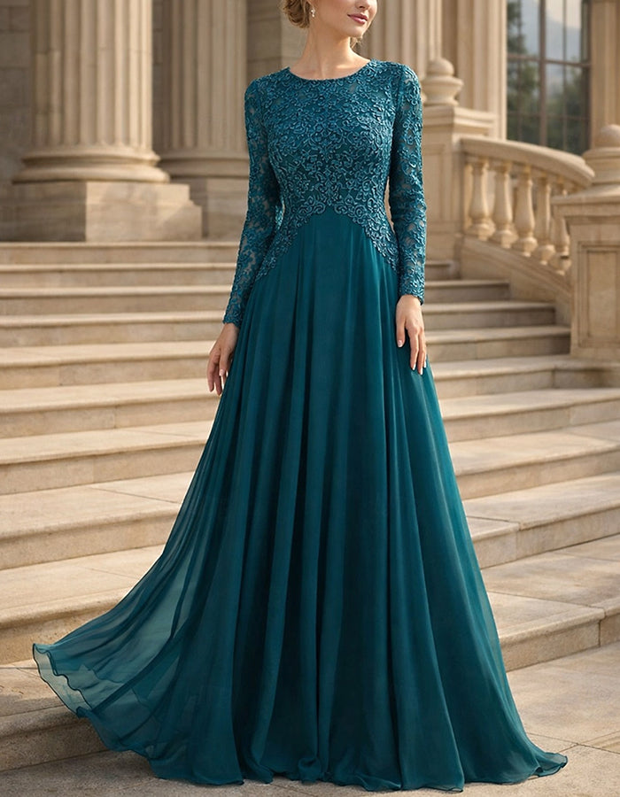 Teal Green Lace Bodice Chiffon Maxi Dress