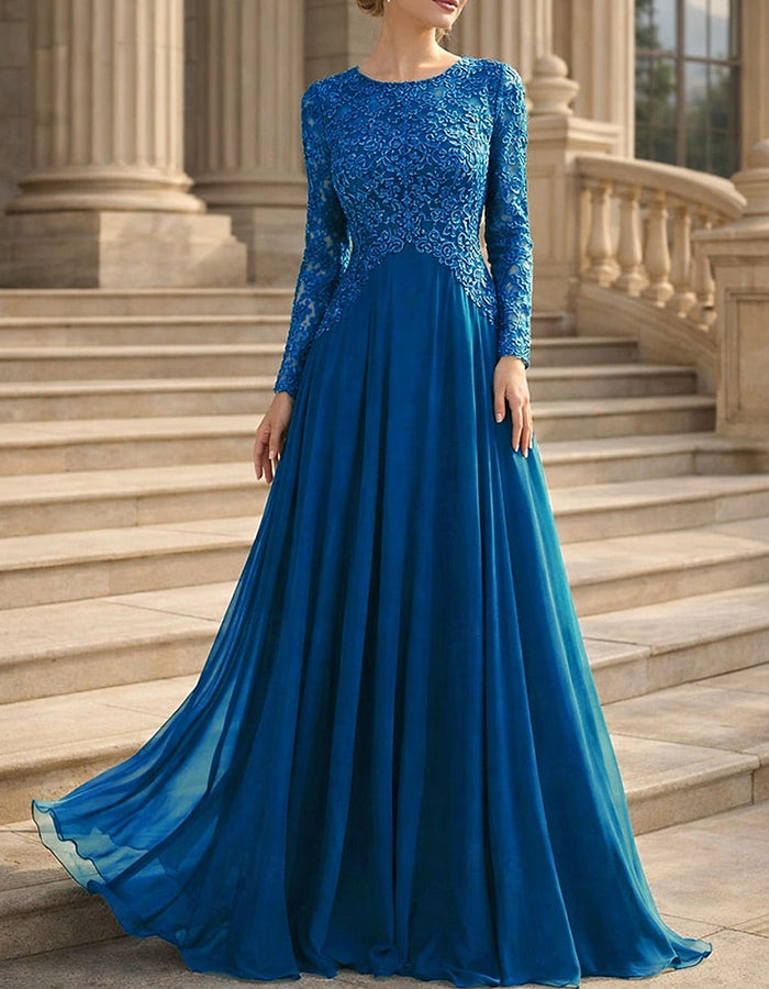 Teal Green Lace Bodice Chiffon Maxi Dress