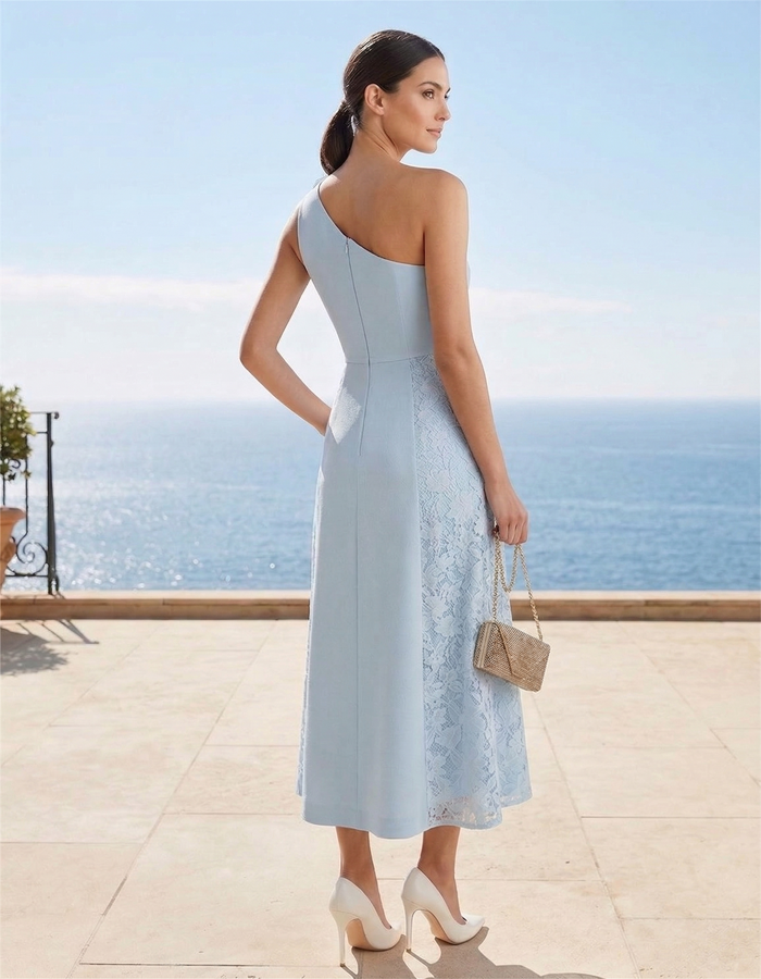 Sky Blue Elegant Lace One-Shoulder Midi Dress