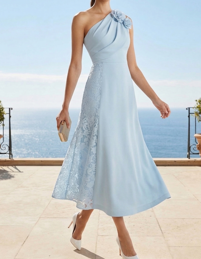 Sky Blue Elegant Lace One-Shoulder Midi Dress