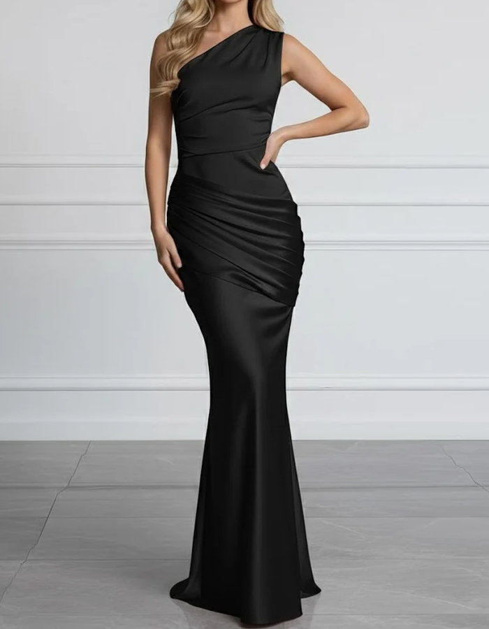One-Shoulder Pleated Satin Mermaid Maxi Dress