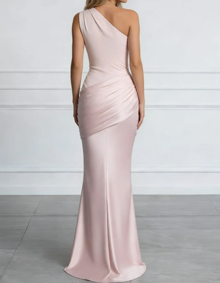 One-Shoulder Pleated Satin Mermaid Maxi Dress