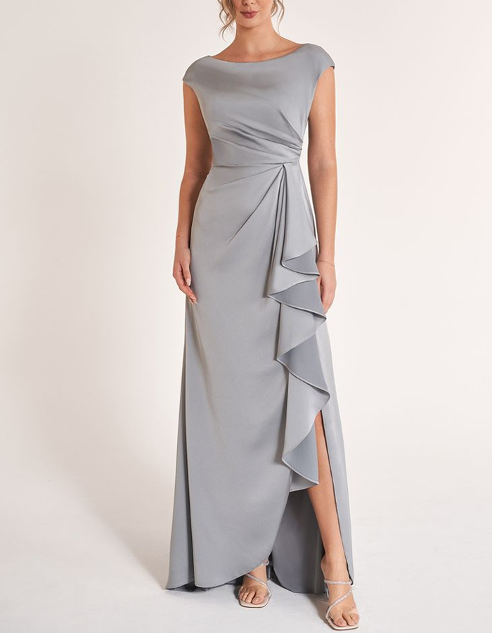 Vestido largo de satén plisado, elegante, gris claro