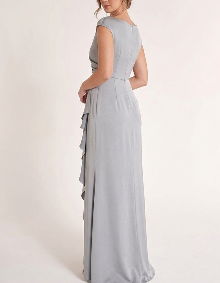 Light Grey Elegant Ruffled Satin Maxi Dress