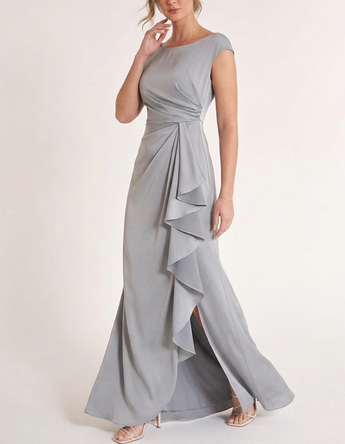Light Grey Elegant Ruffled Satin Maxi Dress