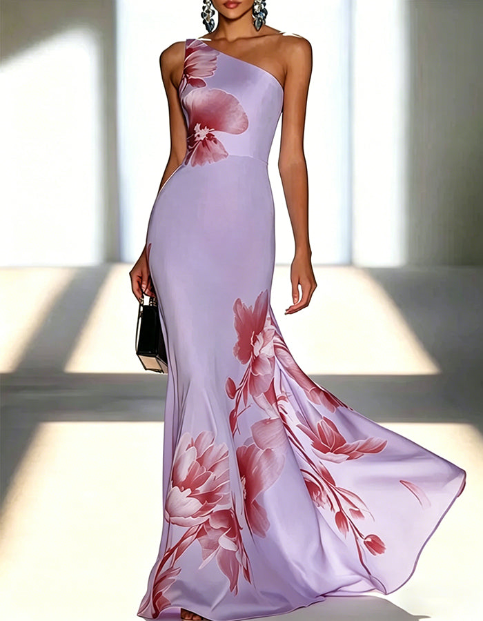 Vestido maxi de cola de pez con hombros caídos, estampado floral de tinta en satén azul claro