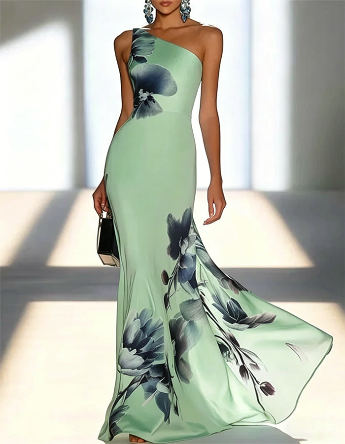Vestido maxi de cola de pez con hombros caídos, estampado floral de tinta en satén azul claro