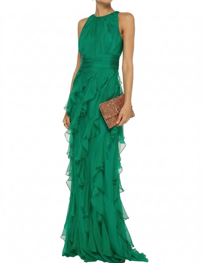 Green Elegant Ruffled Maxi Dress