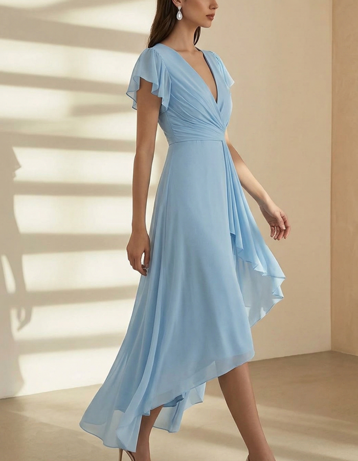 ant Ruffled Sleeve Chiffon Wrap Midi Dress