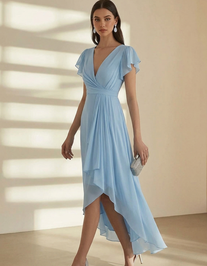 ant Ruffled Sleeve Chiffon Wrap Midi Dress