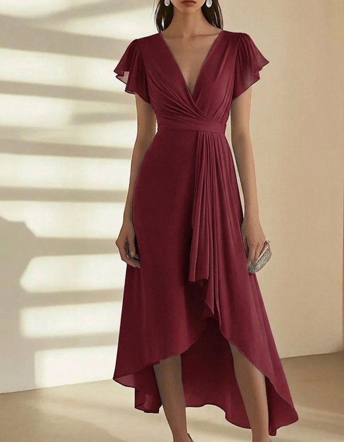 ant Ruffled Sleeve Chiffon Wrap Midi Dress