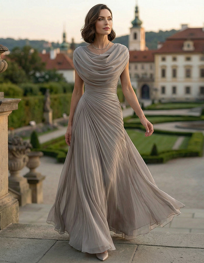Light Coffee Ruffled Chiffon With A Draped Neckline Maxi Dress