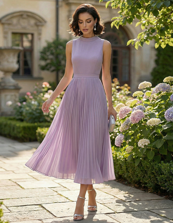 Taro Purple Stand Up Collar Fitted Waist Pleated Chiffon Midi Dress