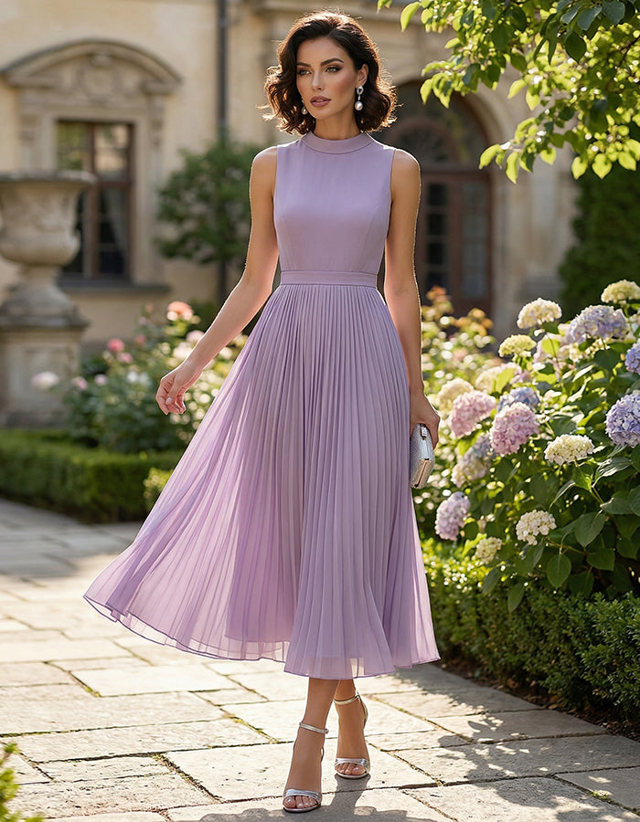 Taro Purple Stand Up Collar Fitted Waist Pleated Chiffon Midi Dress