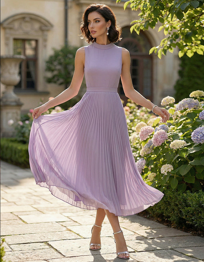 Taro Purple Stand Up Collar Fitted Waist Pleated Chiffon Midi Dress
