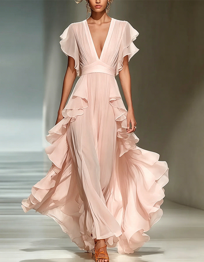 Light Pink V-Neck Ruffled Chiffon Maxi Dress