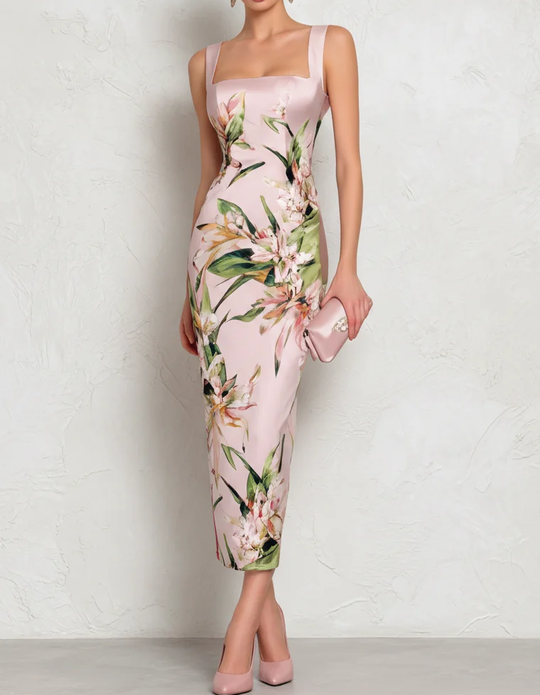 Satin Floral Print Slip Midi Dress