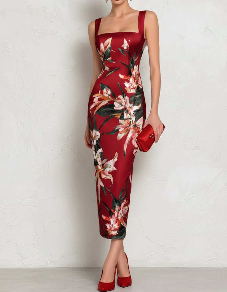 Satin Floral Print Slip Midi Dress
