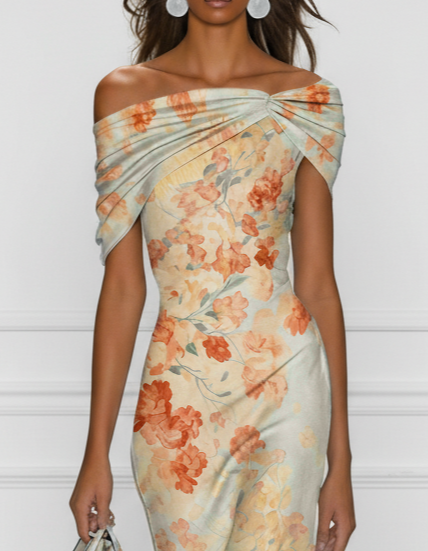 Light Blue Satin Midi Dress With Yellow Floral Print
