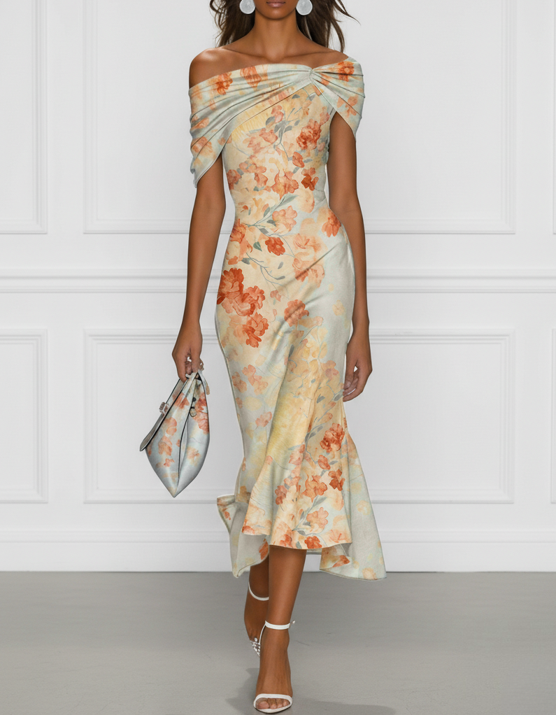 Light Blue Satin Midi Dress With Yellow Floral Print