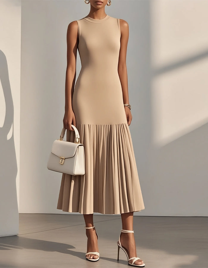 Sky Blue Round Neck Sleeveless Slim Fit Pleated Fishtail Maxi Dress
