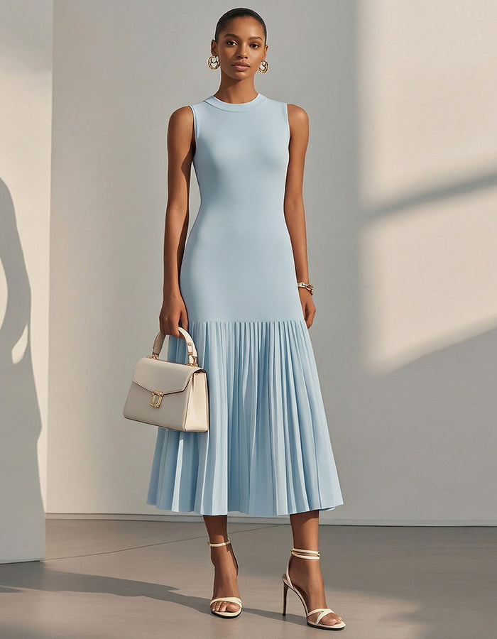 Sky Blue Round Neck Sleeveless Slim Fit Pleated Fishtail Maxi Dress
