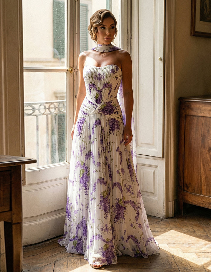 White With Purple Floral Strapless Top And Ribbon Maxi Dress