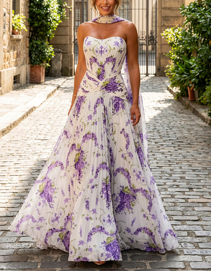 White With Purple Floral Strapless Top And Ribbon Maxi Dress