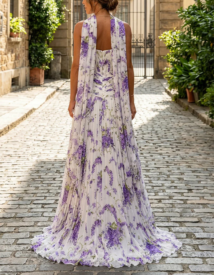 White With Purple Floral Strapless Top And Ribbon Maxi Dress