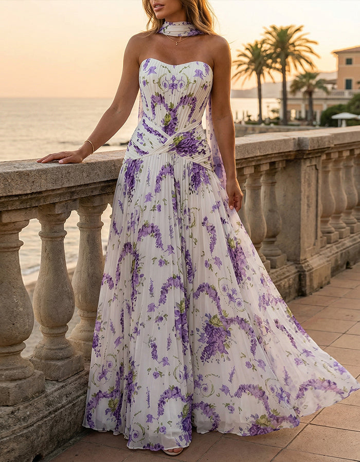White With Purple Floral Strapless Top And Ribbon Maxi Dress