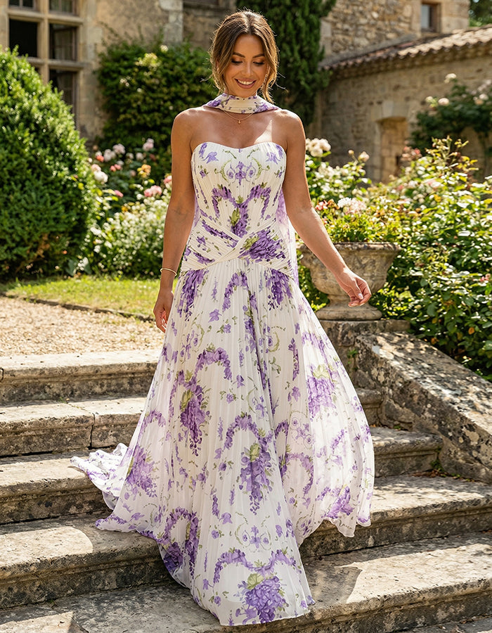 White With Purple Floral Strapless Top And Ribbon Maxi Dress