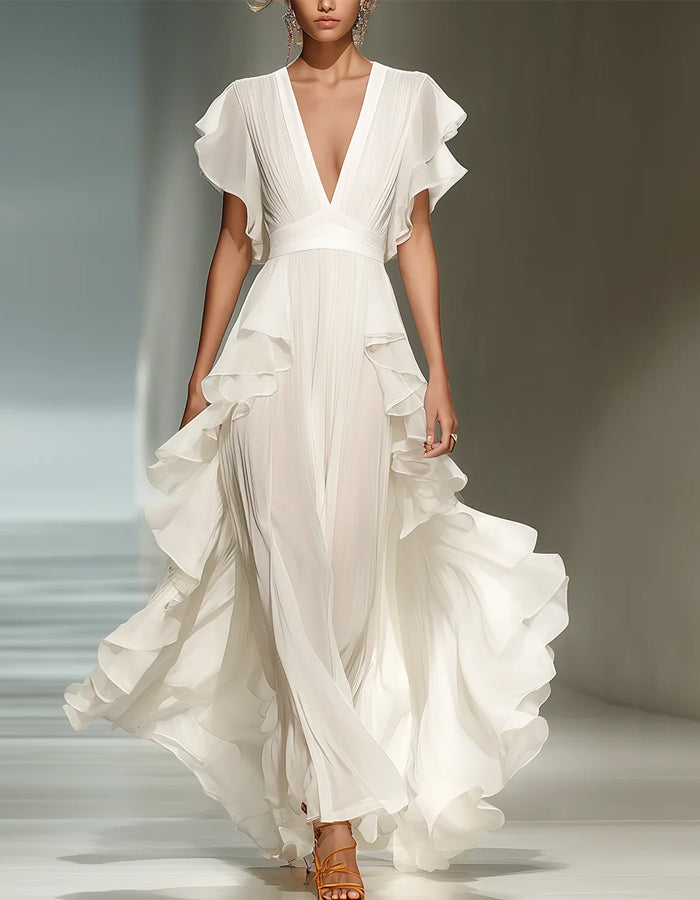 Light Pink V-Neck Ruffled Chiffon Maxi Dress