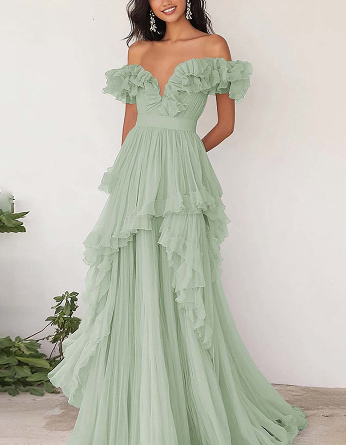 Lavender Off-the-Shoulder Ruffled Chiffon Maxi Dress