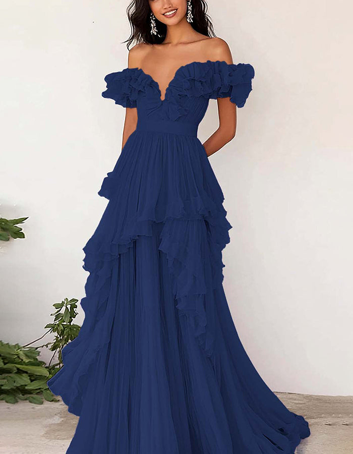 Lavender Off-the-Shoulder Ruffled Chiffon Maxi Dress