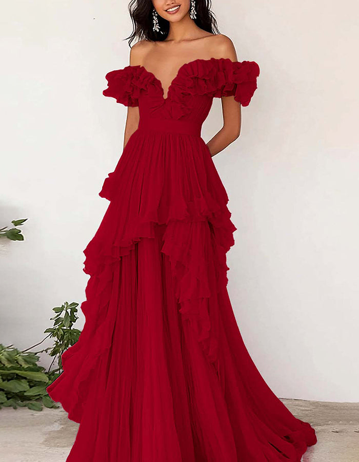 Lavender Off-the-Shoulder Ruffled Chiffon Maxi Dress
