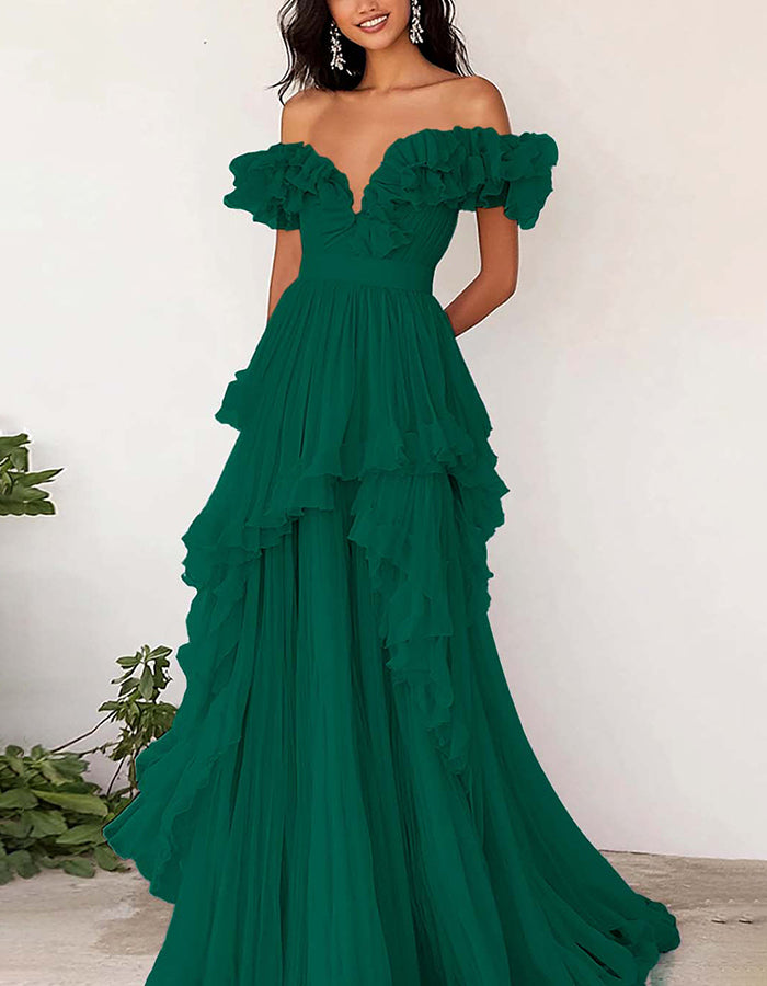 Lavender Off-the-Shoulder Ruffled Chiffon Maxi Dress