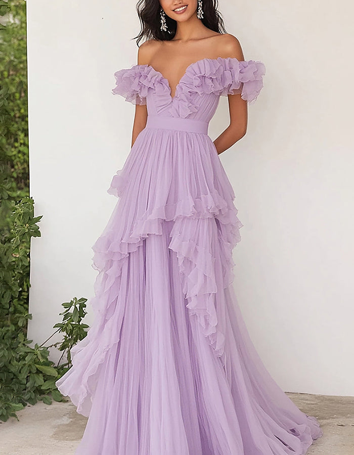 Lavender Off-the-Shoulder Ruffled Chiffon Maxi Dress