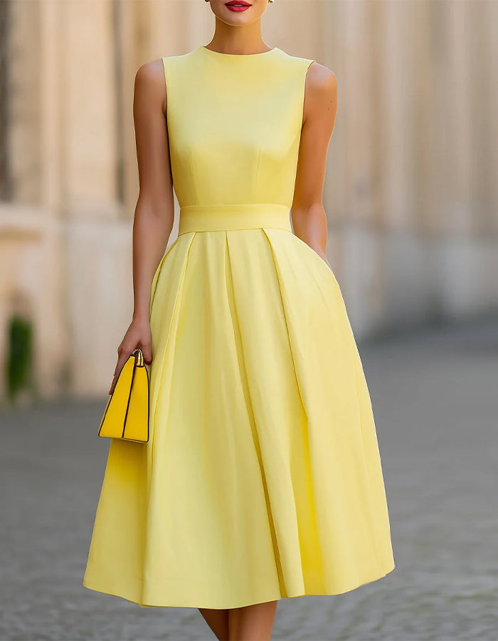 Lemon Yellow Round Neck With A Fitted Waist Midi Dress