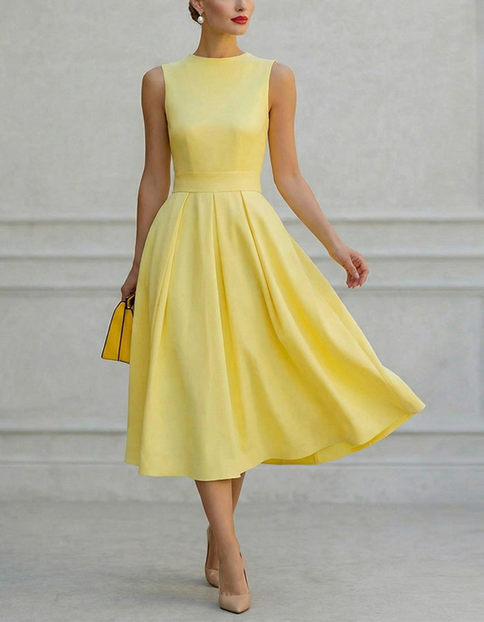 Lemon Yellow Round Neck With A Fitted Waist Midi Dress